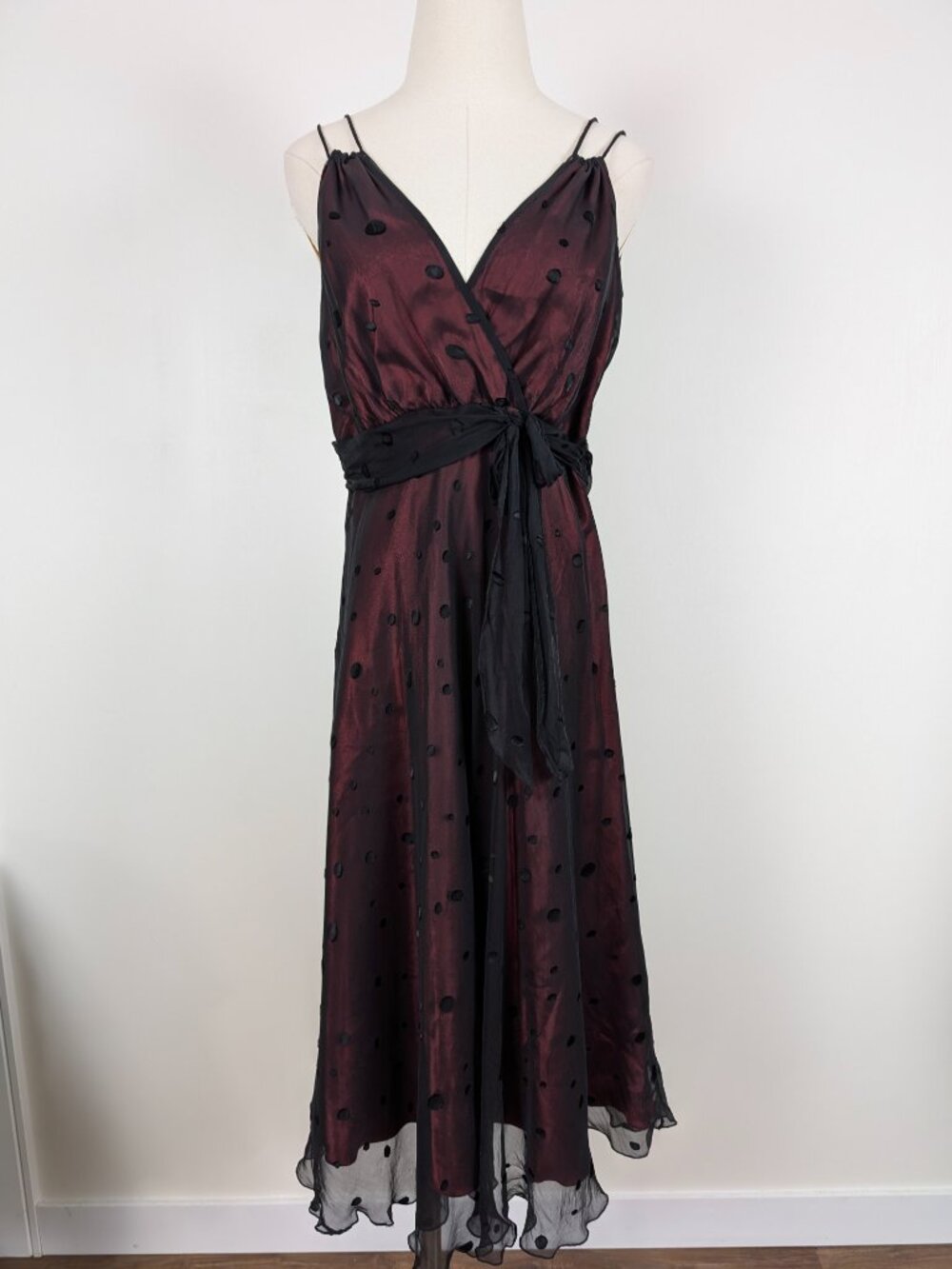 Jonathan Martin Silk A-Line Midi Dress Size 10 Black Red Polka Dots Y2K - Picture 3 of 15